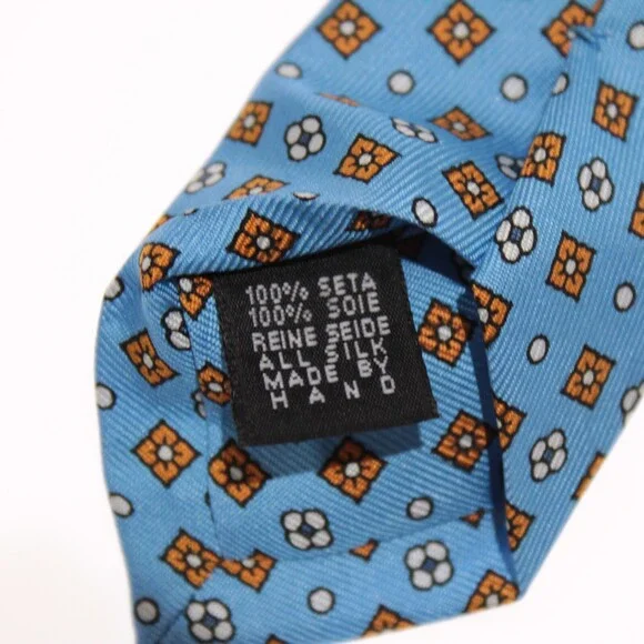 Drake's NWT Neck Tie in Light Blue with Orange/White Geometric Pattern 100% Silk
